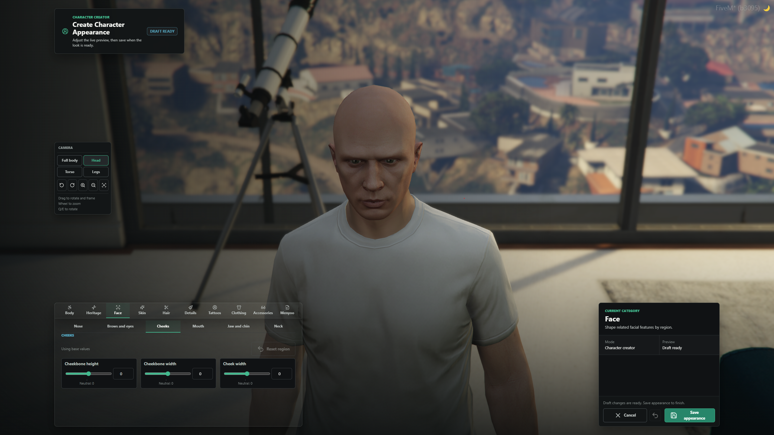 Character appearance editor with facial feature sliders and a close-up of the character.