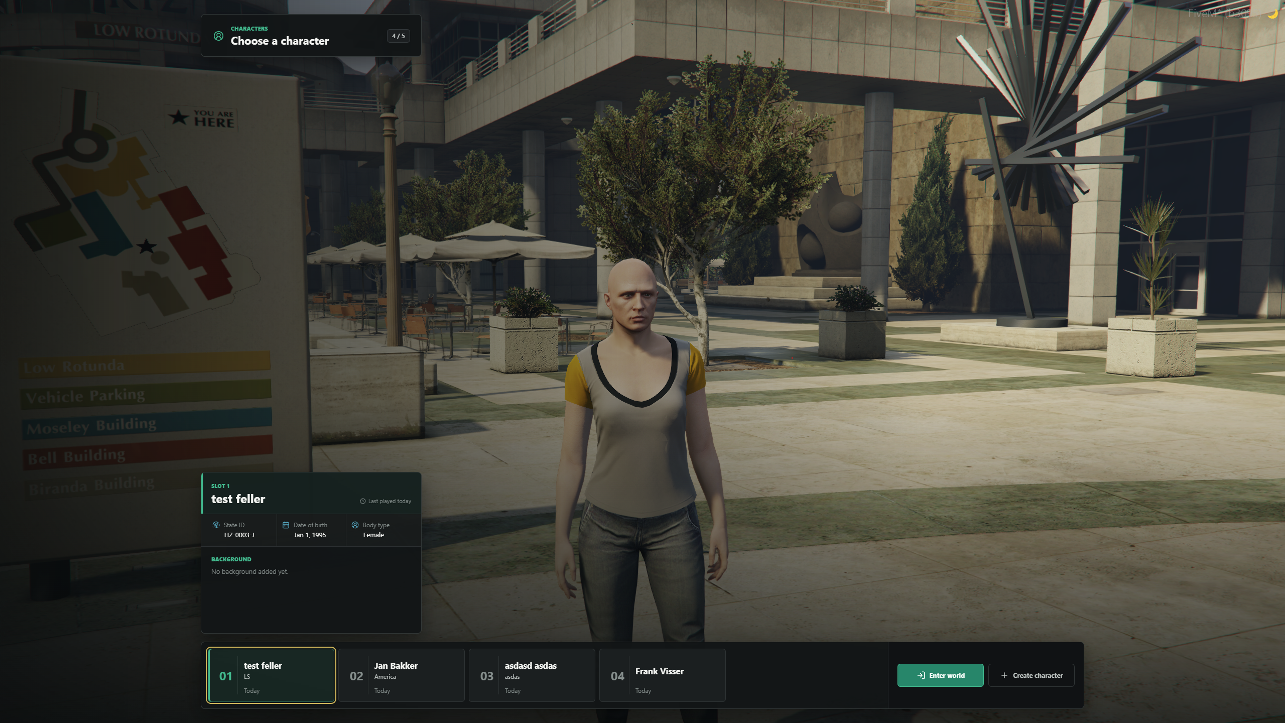 Character selection with saved characters and the selected character’s profile.