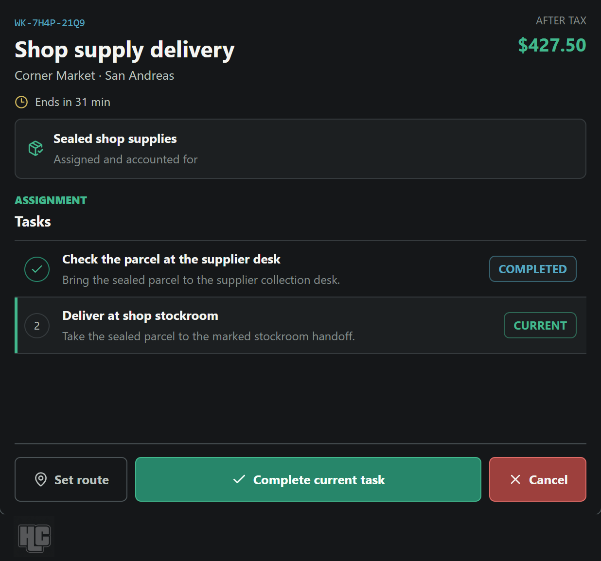 A shop supply delivery contract showing payment, assigned cargo and completed and current tasks.