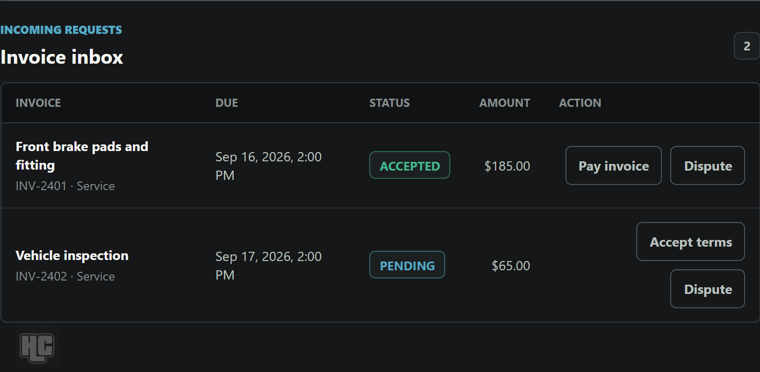 Two garage invoices with options to accept, pay or dispute a bill.