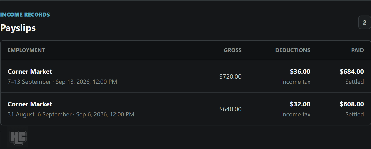 Two payslips showing gross wages, income tax and the amount paid.