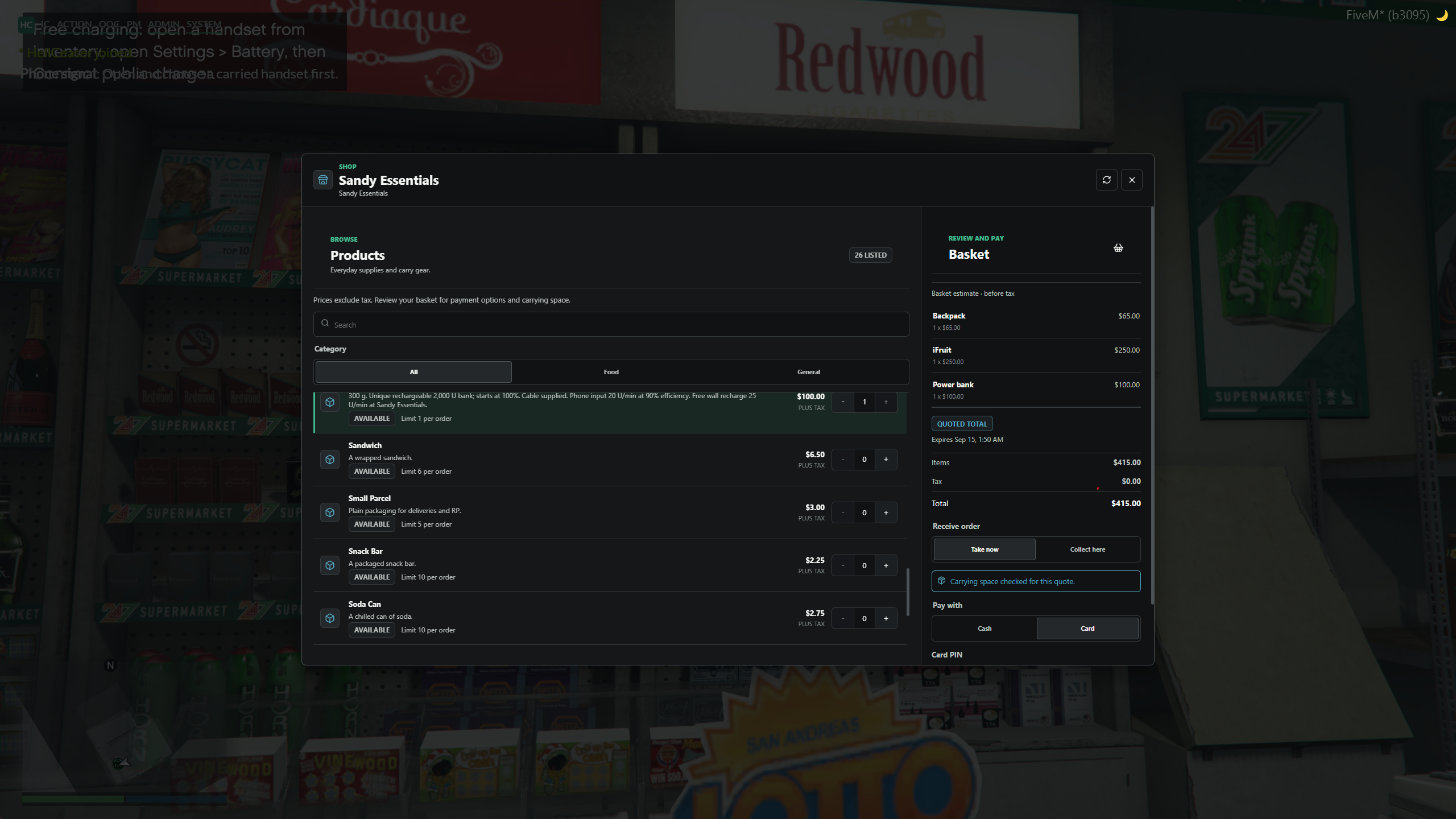 Shop checkout with products, a basket total, collection choices and payment options.