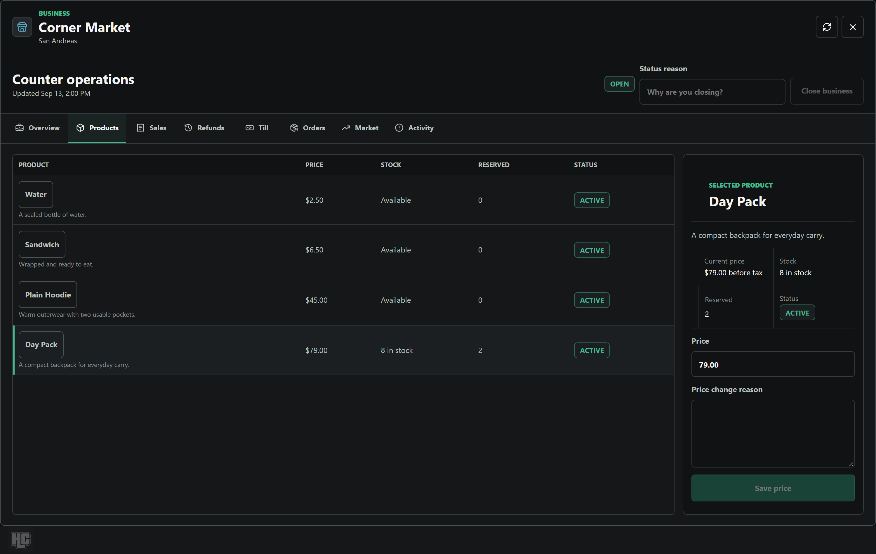 Shop management showing product prices, available stock and reserved items.